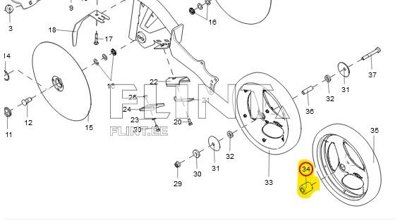 Joonisel on detailide loetelu, sealhulgas rattad ja erinevad kinnitusosad. Tükk 34 on tähistatud kollase ringiga ja asub rattasüsteemis.