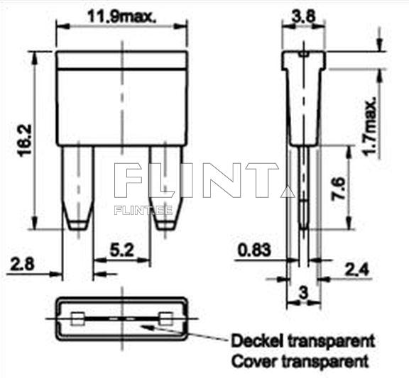 Toote joonis näitab neljakandilist objekti, mille ülemine osa on tasane ja millel on kaks sirget, võrdselt pikendatud jalga allosas. Ülemise osa mõõtmed on 11.9 mm lai ja 16.2 mm kõrge. Altpoolt on näha, et jalad on 5.2 mm pikad. Rõhutatakse ka läbipaistvat katet.
