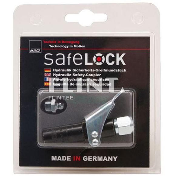 Pakendil on must taust ja punaste elementidega. Esiplaanil on näha hüdropumpade ohutuskinnituse komponent, millel on metallist haak ja harilikku ühendusosa. Toode on tähistatud 'made in Germany'.