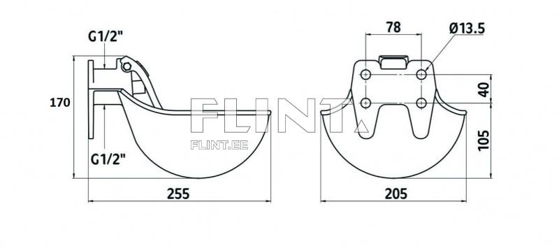 Toode on joonis, mis kujutab ümmargust elementi, millel on mitmed mõõtmed kirjeldatud. Üks külg näitab külgsuunalist perspektiivi, teine aga pealtvaadet. Mõõdud hõlmavad laius 255 mm, kõrgus 170 mm ja erinevaid muid tehnilisi detaile.
