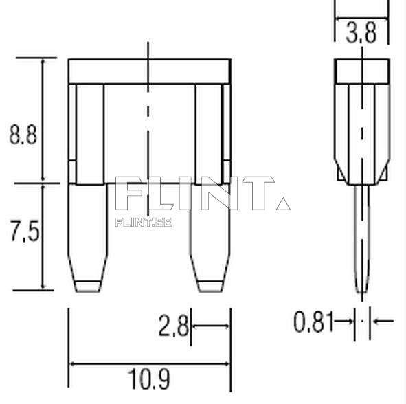 Toode on kahe jalaga komponent, mille kõrgus on 8.8mm ja laius 10.9mm. Jalad on 2.8mm laiad ja 7.5mm pikad, samas kui kõrgusülemine osa on 3.8mm.