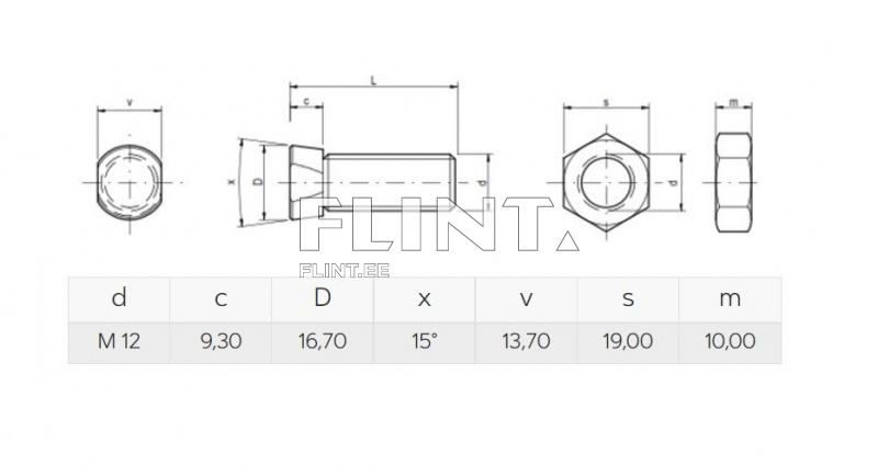 Polt+mutter M12x34 12,9 (2xkant) MOLBRO pea 16,7mm