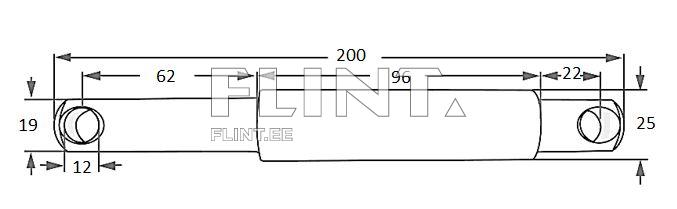 Joonisel on näidatud silindri kuju ja mõõtmed, sealhulgas pikkus 200 mm, laius 62 mm ja kõrgus 25 mm. Mõlemal pool on ringikujulised avad, mille diameeter on 12 mm.