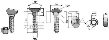 Pilt kujutab L-kujulist poldi, millel on koonuseline pea ja keermestatud vars. Poldi mõõtmed on 70 mm pikk ja 12 mm paksune. Tootes on ka mutter, mis sobib sama keermestamisega.