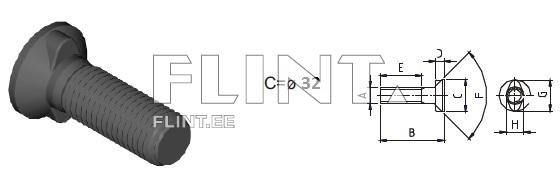 Must nael, millel on kuulus peamine osa ja keermestatud vars. Joonisel on detailide mõõtmed selgelt esitletud.