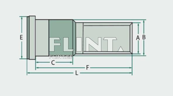 Toode on silindriline kuju, millel on erinevad mõõtmed ja osad, sealhulgas E, A, B, C, F ja L ning iseloomulik sirge disain.