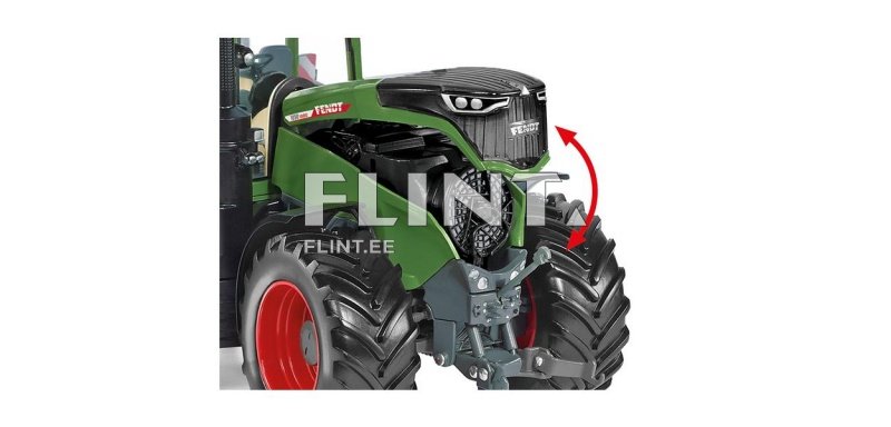 Pildil on roheline traktor mudel, millel on must kapott ja punased rattad. Traktori ette on lisatud suunaviit, mis näitab, et kapotti saab avada.