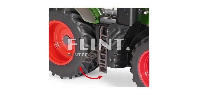 Pildil on detailne mudel traktorist, millel on must rehvi ja punane velg. Traktori küljes on väljapoole painutatud astmelatt.