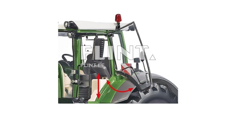 Traktori kabiin, millel on avatud uks ja punane vilkur katuse peal. Kabiini sees on must tool ja rooli näha.