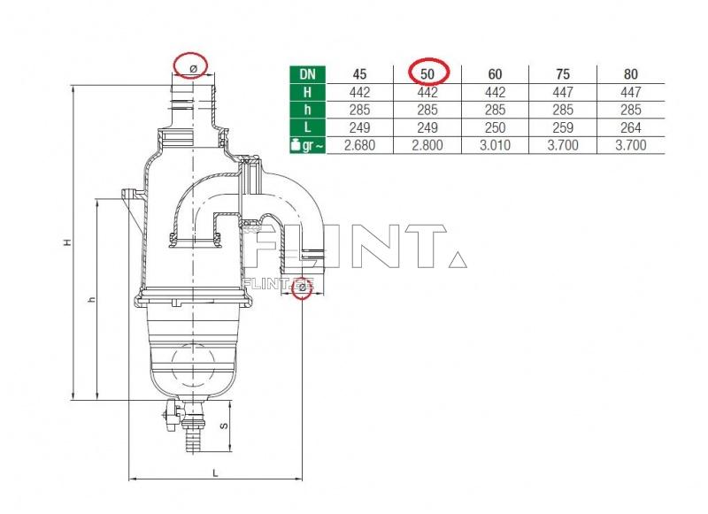 Toode on vertikaalne filter, millel on üks sisend ja üks väljund. Joonisel on toodud mõõdud: DN, H, h, L ja gr. Filter on joonistatud plaanvaates.