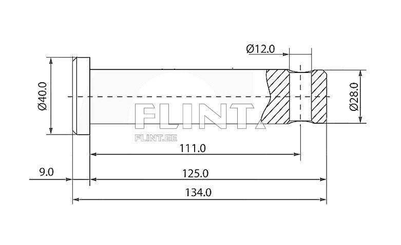 Joonis näitab detaili mõõtmeid, sealhulgas diameetreid Ø40, Ø12 ja Ø28. Pikkus on 134 mm ning detailil on mitmed eri suurusega lõiked ja sektsioonid.