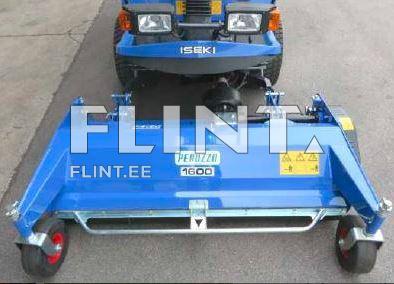 Blue agricultural implement attached to a small tractor, labeled "Peruzzi 1600," standing on a paved surface.