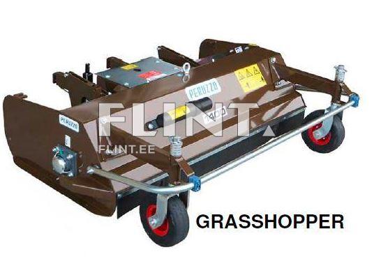 Koosneb rohelise muru niitmiseks mõeldud masinast, millel on pruun korpus ja kaks punast ratast.