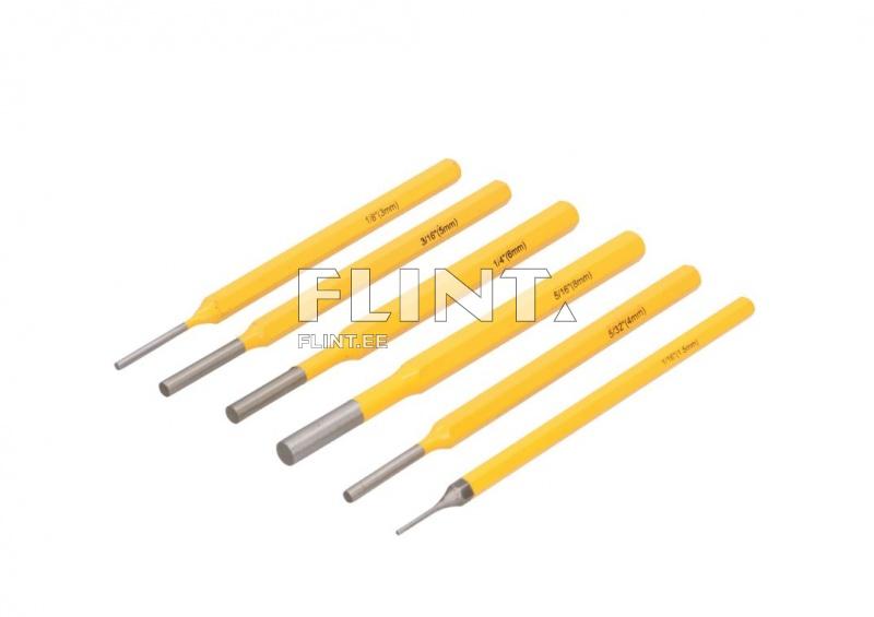 Seitsme erineva paksuse ja erineva otsaga tööriista komplekt, mille käepidemed on erkkollased. Iga tööriista peal on märgistus, mis näitab selle paksust millimeetrites ja tollides.