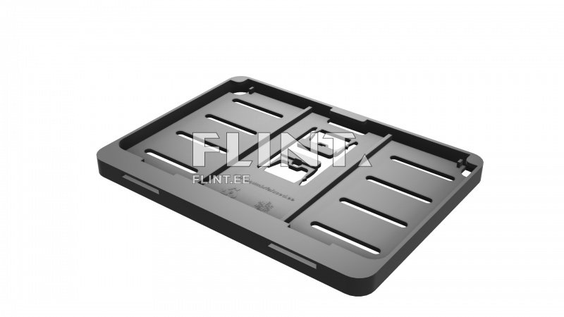 Toode on must plastmassist alus, millel on vertikaalsed ja horisontaalsed sooned. Keskosas on väike lõige ja kujundus, mis näitab toote funktsionaalset elementi.