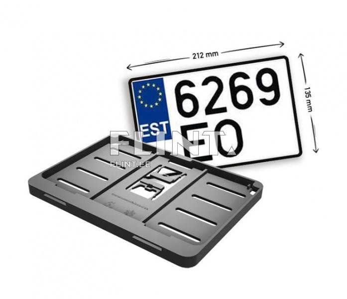 Pildil on auto külgedele paigaldatav numbrimärk, mille mõõtmed on 212 mm x 135 mm. Numbrimärgi ülaosas asub roheline Euroopa Liidu märk ja sellel on valge taust, millele on kirjutatud number 6269 ja tähis 'EO'. Allpool on must plastist numbrimärgiraam, millel on aukude süsteem kinnitamiseks.