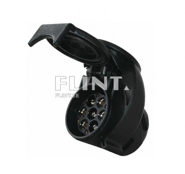 Toode on must elektriline pistik, millel on kaaneline avamine. Avatud kaane all asuvad ümmargused kontaktid, mida kasutatakse elektrienergia edastamiseks. Pistiku struktuuris on nähtavad metallist kontaktid.