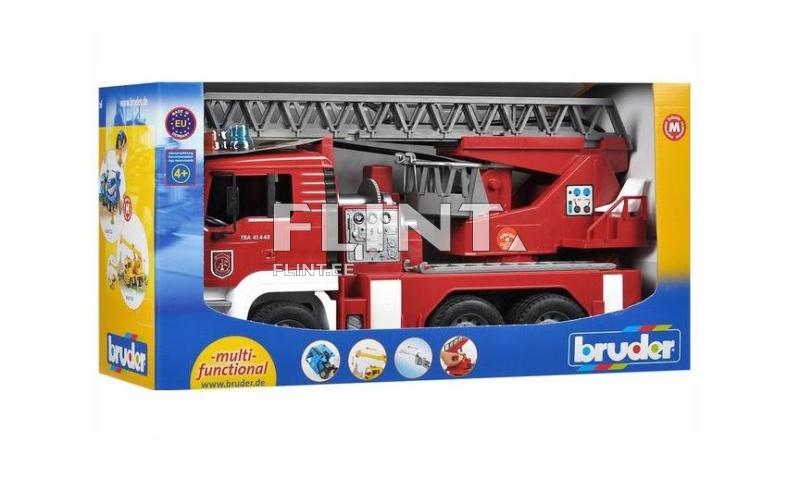 Punane tuletõrjeauto, millel on liikuv redel ja erinevad nupud juhtimise jaoks. Pakend sisaldab tootja logo ja brändi nime.