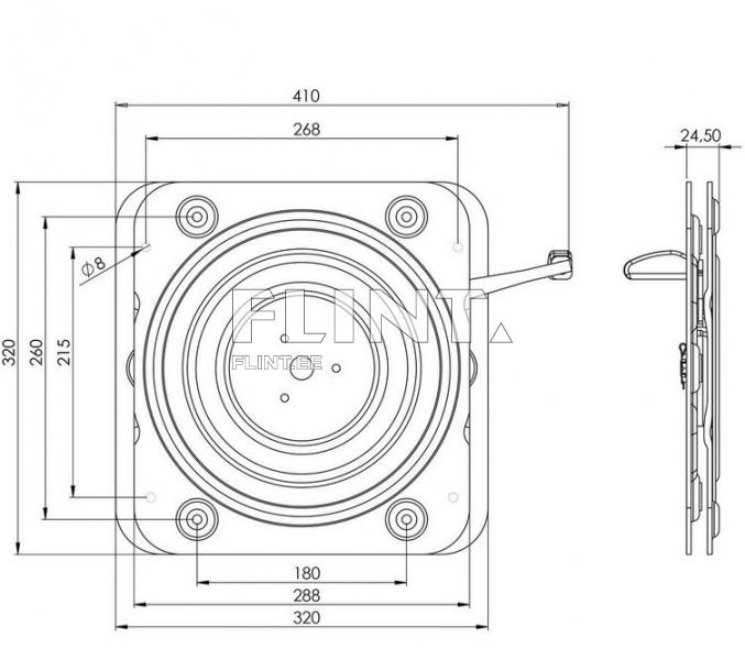 Joonisel on toote mõõtmed ja detailid. Toode on neljakujuline, mille pikkus on 410 mm ja laius 320 mm. Keskel on ümaravaus ja selle ümber on mitu väiksemat ava.