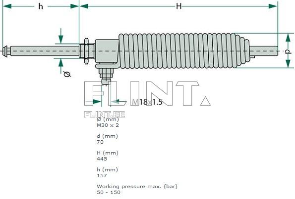 Toode on silindrilise kujuga, millel on keermestatud ja laineline pind. Detailil on erinevad mõõdud, sealhulgas laius 70 mm ja kõrgus 445 mm. Tootel on ka maksimaalne töö surve 50-150 baari.