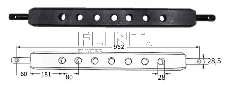 Toote pilt näitab musta plastmaterjalist riba, millel on kuus sirget avapaika. Ribale on lisatud mõõtmed: pikkus 962 mm, laius 28 mm ja kõrgus 28,5 mm. Riba mõlemal pool on väiksed kinnitusavad.