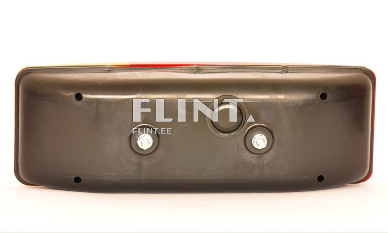 Mustast plastikust valgusti tagumise osa vaade, millel on kaks metallist kinnitust ja ümar nupp keskel.